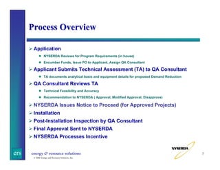 Process Overview
Application
NYSERDA Reviews for Program Requirements (in house)
Encumber Funds, Issue PO to Applicant, Assign QA Consultant

Applicant Submits Technical Assessment (TA) to QA Consultant
TA documents analytical basis and equipment details for proposed Demand Reduction

QA Consultant Reviews TA
Technical Feasibility and Accuracy
Recommendation to NYSERDA ( Approval, Modified Approval, Disapprove)

NYSERDA Issues Notice to Proceed (for Approved Projects)
Installation
Post-Installation Inspection by QA Consultant
Final Approval Sent to NYSERDA
NYSERDA Processes Incentive

ers

energy & resource solutions
© 2006 Energy and Resource Solutions, Inc.

7

 