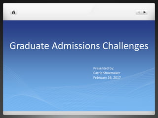 Graduate Admissions Challenges
Presented by:
Carrie Shoemaker
February 16, 2017
 