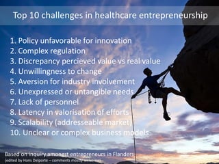 Top 10 challenges in healthcare entrepreneurship
Based on inquiry amongst entrepreneurs in Flanders
(edited by Hans Delporte – comments mostly welcome)
1. Policy unfavorable for innovation
2. Complex regulation
3. Discrepancy percieved value vs real value
4. Unwillingness to change
5. Aversion for industry involvement
6. Unexpressed or untangible needs
7. Lack of personnel
8. Latency in valorisation of efforts
9. Scalability (addresseable market)
10. Unclear or complex business models
 