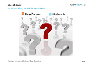 Questions?
We Will Be Happy to Answer Any Question !


                          CloudPlan.org              @imllorente




Challenges in Hybrid and Federated Cloud Computing                 33/33
 