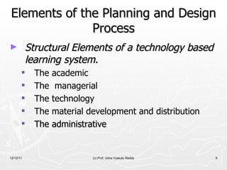 Elements of the Planning and Design Process Structural Elements of a technology based learning system. The academic  The  managerial  The technology  The material development and distribution   The administrative 12/12/11 (c) Prof. Usha Vyasulu Reddy 