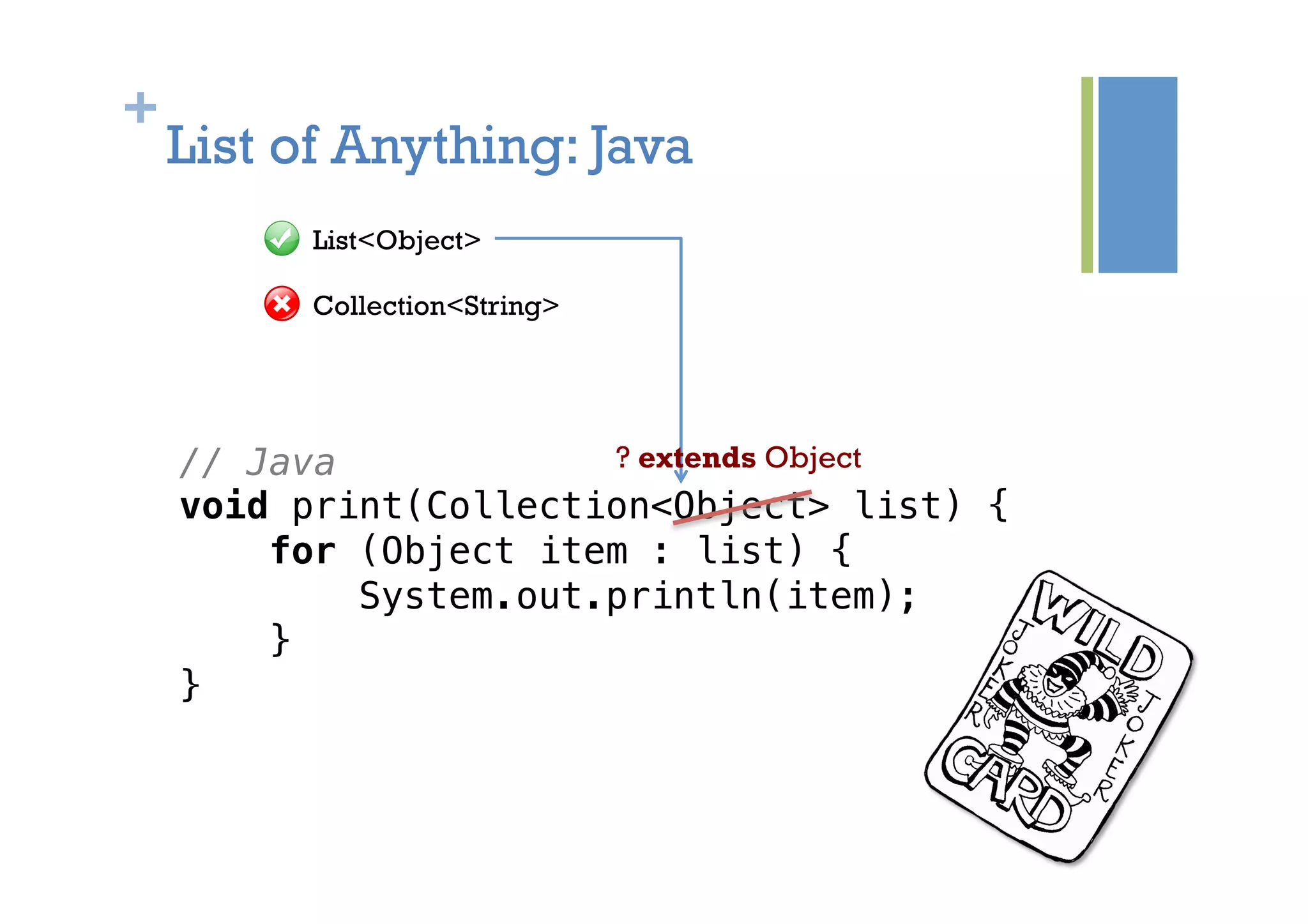 +
List of Anything: Java
// Java!
void print(Collection<Object> list) {!
for (Object item : list) {!
System.out.println(item);!
}!
}!
List<Object>
Collection<String>
? extends Object
 