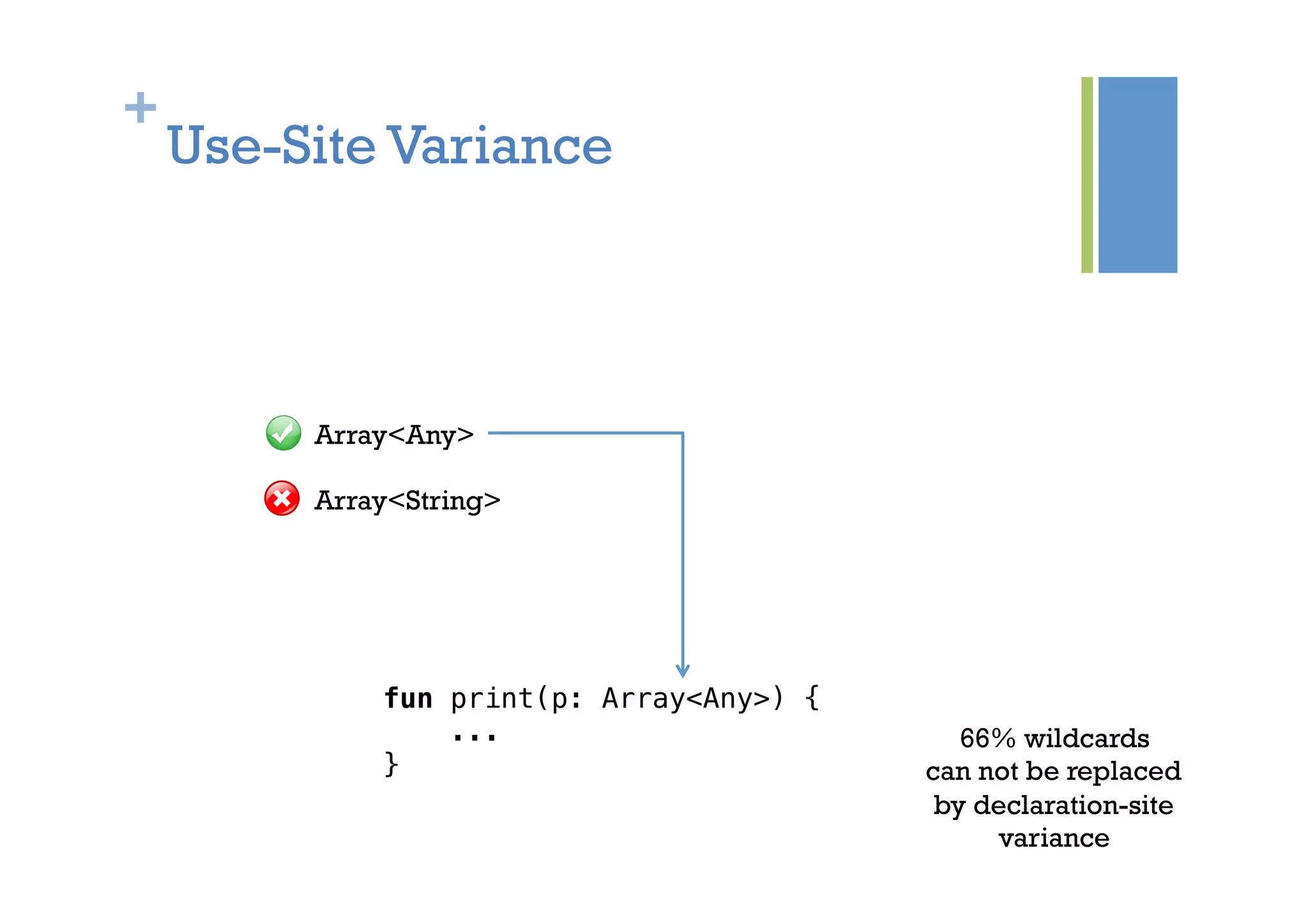+
Use-Site Variance
fun print(p: Array<Any>) {!
...!
}!
Array<Any>
Array<String>
66% wildcards
can not be replaced
by declaration-site
variance
 