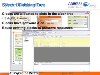 Clock Configurations
System Clocking Tree
Clocks are allocated to slots in the clock tree
• 8 digital, 4 analog
Clocks have software APIs
Reuse existing clocks to preserve resources




                                       May 2 , 2012   22
 