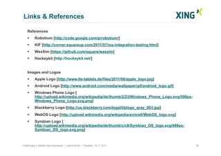 Links & References
26Challenges in Mobile Test Automation | Daniel Knott | Potsdam, 15.11.2011
References
  Robotium [htt...