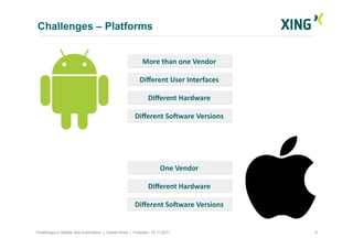 Challenges – Platforms
5Challenges in Mobile Test Automation | Daniel Knott | Potsdam, 15.11.2011
More	
  than	
  one	
  V...