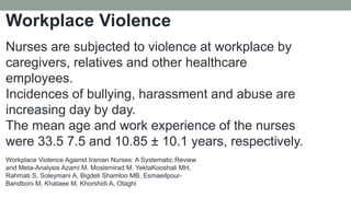 Workplace Violence Against Iranian Nurses: A Systematic Review
and Meta-Analysis Azami M. Moslemirad M. YektaKooshali MH,
Rahmati S, Soleymani A, Bigdeli Shamloo MB, Esmaeilpour-
Bandboni M, Khataee M, Khorshidi A, Otaghi
Workplace Violence
Nurses are subjected to violence at workplace by
caregivers, relatives and other healthcare
employees.
Incidences of bullying, harassment and abuse are
increasing day by day.
The mean age and work experience of the nurses
were 33.5 7.5 and 10.85 ± 10.1 years, respectively.
 