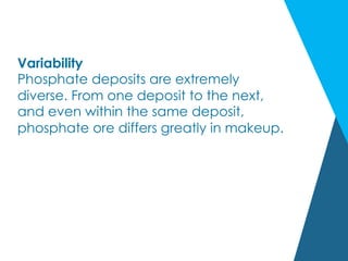 Variability
Phosphate deposits are extremely
diverse. From one deposit to the next,
and even within the same deposit,
phosphate ore differs greatly in makeup.
 