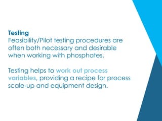 Testing
Feasibility/Pilot testing procedures are
often both necessary and desirable
when working with phosphates.
Testing helps to work out process
variables, providing a recipe for process
scale-up and equipment design.
 