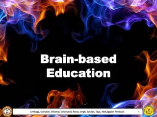 Brain-based
Education
Limbaga, Guirubin, Villareal, Villanueva, Recio, Singh, Sakilan, Taya, Abdulgapor, Pendulat 42
 