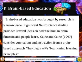 F. Brain-based Education
Brain-based education was brought by research in
Neuroscience. Significant Neuroscience studies
provided several ideas on how the human brain
function and people learn. Caine and Caine (1997)
consider curriculum and instruction from a brain-
based approach. They begin with "brain-mind learning
principles."
Limbaga, Guirubin, Villareal, Villanueva, Recio, Singh, Sakilan, Taya, Abdulgapor, Pendulat 43
 
