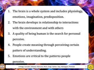 1. The brain is a whole system and includes physiology,
emotions, imagination, predisposition.
2. The brain develops in relationship to interactions
with the environment and with others
3. A quality of being human is the search for personal
perceive.
4. People create meaning through perceiving certain
patters of understanding.
5. Emotions are critical to the patterns people
perceive.
Limbaga, Guirubin, Villareal, Villanueva, Recio, Singh, Sakilan, Taya, Abdulgapor, Pendulat 44
 
