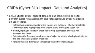 CRIDA (Cyber Risk Impact–Data and Analytics)
• CRIDA utilizes cyber incident data and our predictive models to
perform cyb...