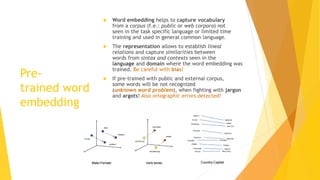 Pre-
trained word
embedding
 Word embedding helps to capture vocabulary
from a corpus (f.e.: public or web corpora) not
seen in the task specific language or limited time
training and used in general common language.
 The representation allows to establish lineal
relations and capture similarities between
words from sintax and contexts seen in the
language and domain where the word embedding was
trained. Be careful with bias!
 If pre-trained with public and external corpus,
some words will be not recognized
(unknown word problem), when fighting with jargon
and argots! Also ortographic errors detected!
 