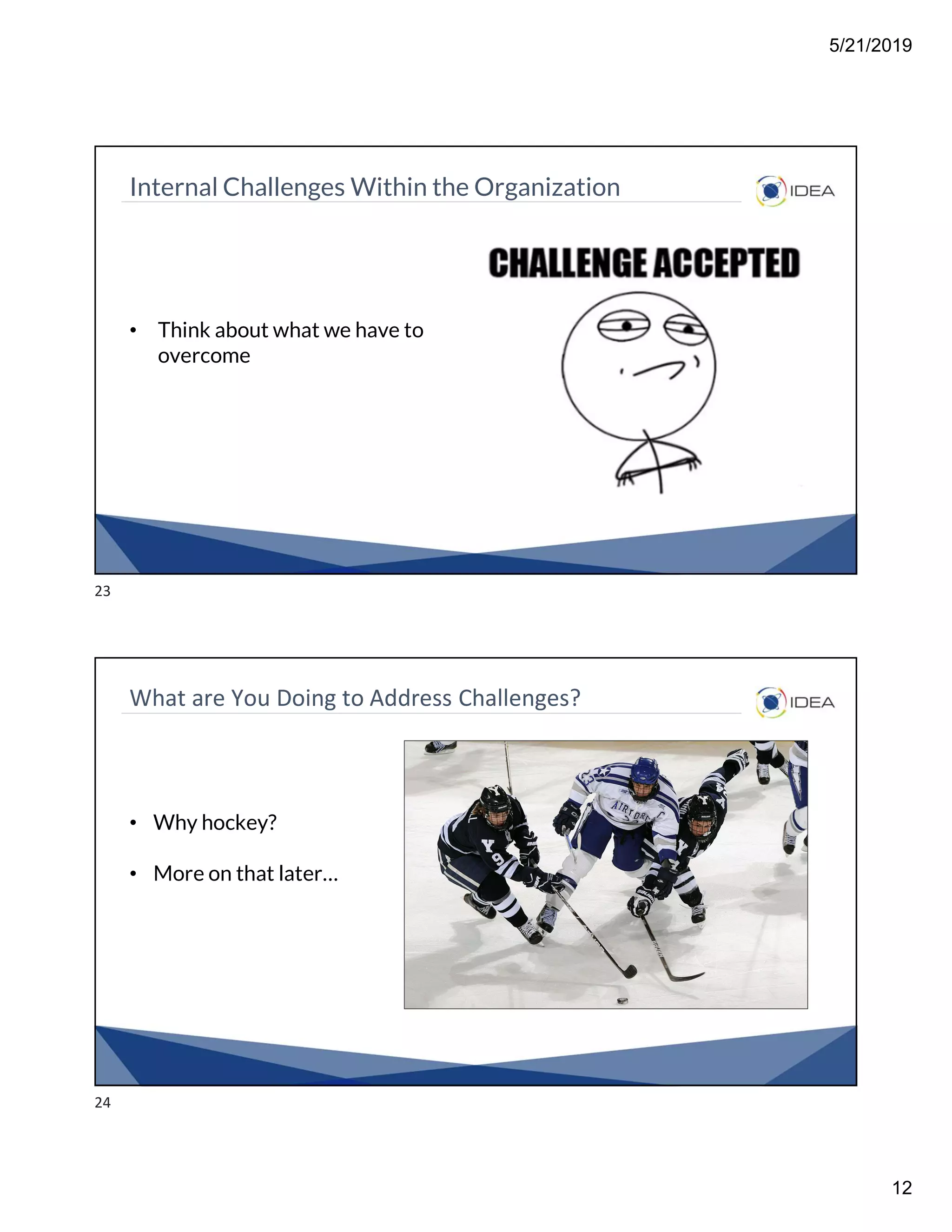 5/21/2019
12
Internal Challenges Within the Organization
• Think about what we have to
overcome
What are You Doing to Address Challenges?
• Why hockey?
• More on that later…
23
24
 