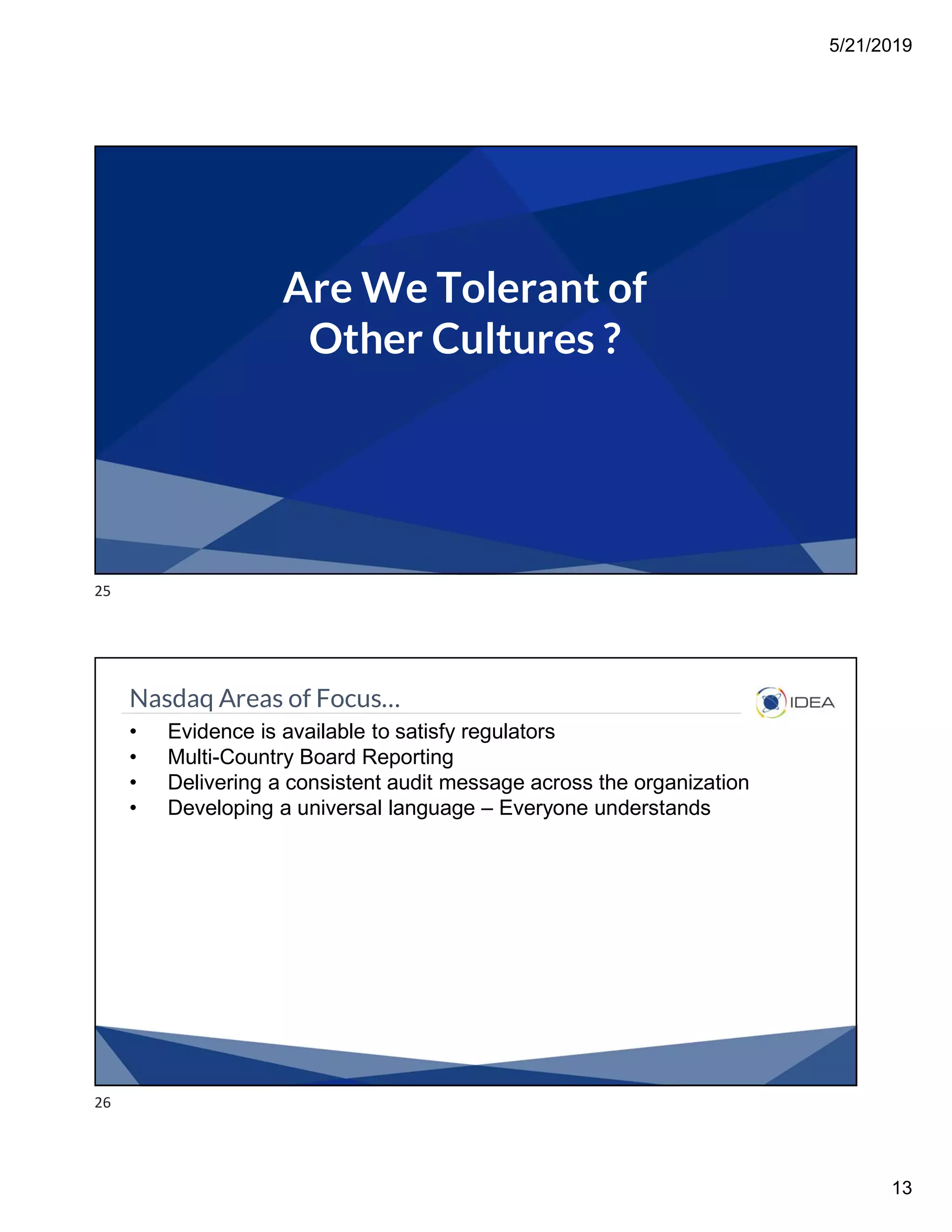 5/21/2019
13
Are We Tolerant of
Other Cultures ?
Nasdaq Areas of Focus…
• Evidence is available to satisfy regulators
• Multi-Country Board Reporting
• Delivering a consistent audit message across the organization
• Developing a universal language – Everyone understands
25
26
 