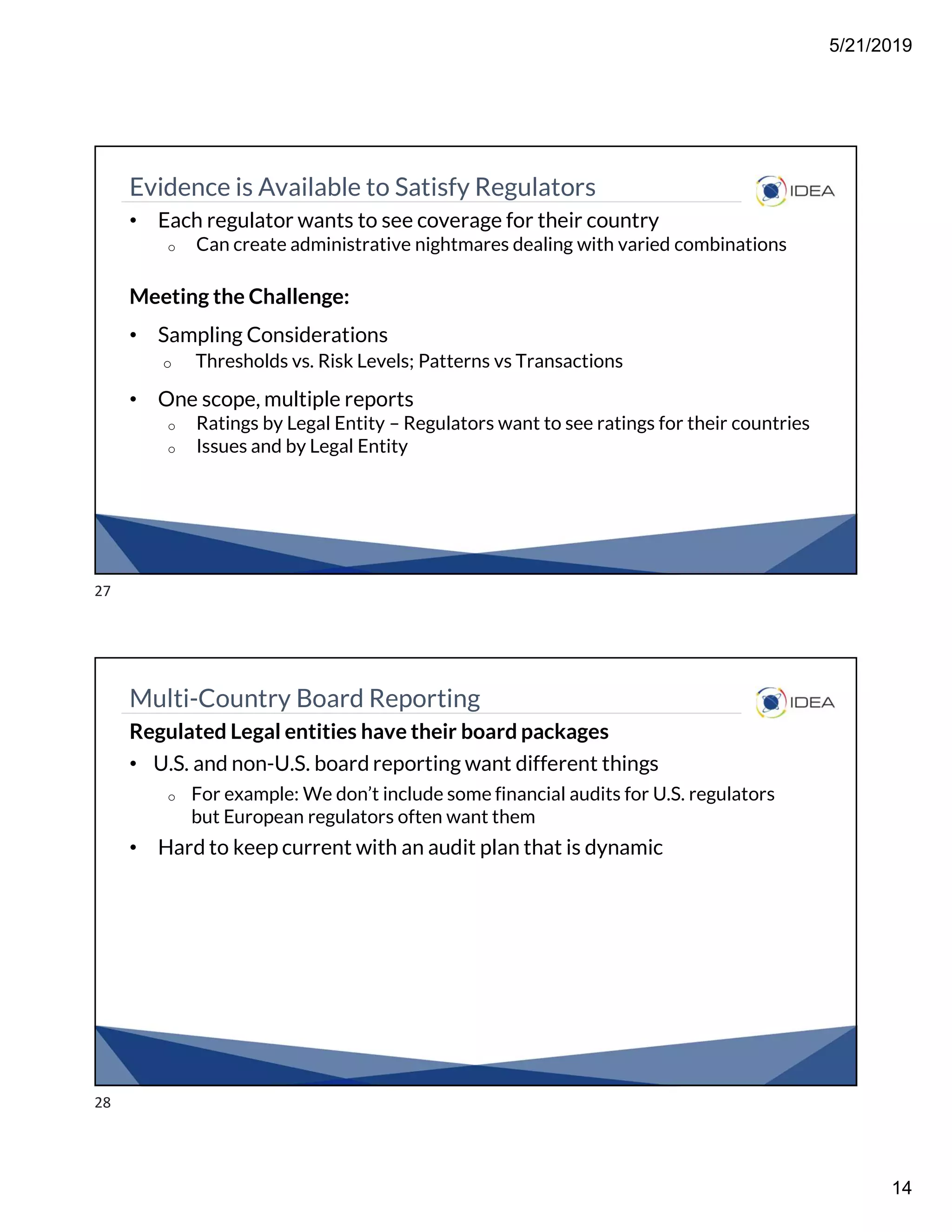 5/21/2019
14
Evidence is Available to Satisfy Regulators
• Each regulator wants to see coverage for their country
o Can create administrative nightmares dealing with varied combinations
Meeting the Challenge:
• Sampling Considerations
o Thresholds vs. Risk Levels; Patterns vs Transactions
• One scope, multiple reports
o Ratings by Legal Entity – Regulators want to see ratings for their countries
o Issues and by Legal Entity
Multi-Country Board Reporting
Regulated Legal entities have their board packages
• U.S. and non-U.S. board reporting want different things
o For example: We don’t include some financial audits for U.S. regulators
but European regulators often want them
• Hard to keep current with an audit plan that is dynamic
27
28
 