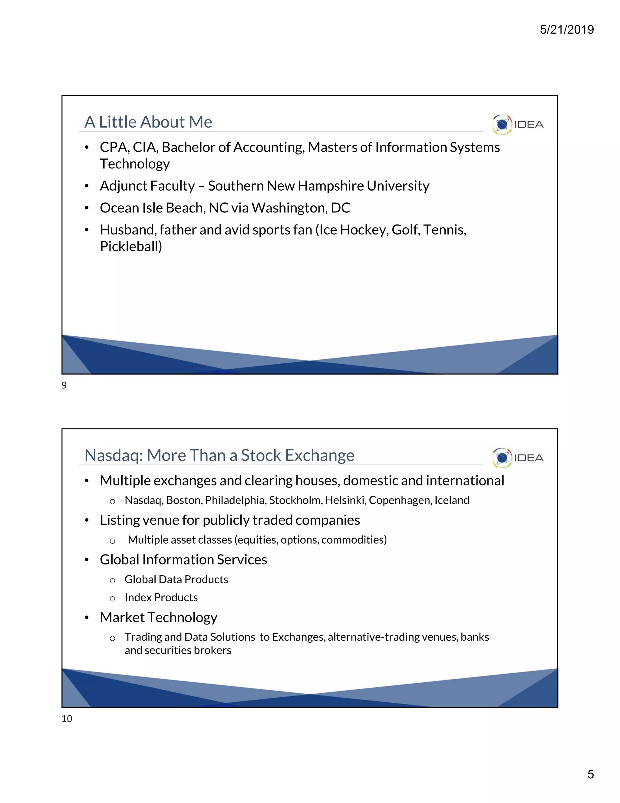 5/21/2019
5
A Little About Me
• CPA, CIA, Bachelor of Accounting, Masters of Information Systems
Technology
• Adjunct Faculty – Southern New Hampshire University
• Ocean Isle Beach, NC via Washington, DC
• Husband, father and avid sports fan (Ice Hockey, Golf, Tennis,
Pickleball)
Nasdaq: More Than a Stock Exchange
• Multiple exchanges and clearing houses, domestic and international
o Nasdaq, Boston, Philadelphia, Stockholm, Helsinki, Copenhagen, Iceland
• Listing venue for publicly traded companies
o Multiple asset classes (equities, options, commodities)
• Global Information Services
o Global Data Products
o Index Products
• Market Technology
o Trading and Data Solutions to Exchanges, alternative-trading venues, banks
and securities brokers
9
10
 