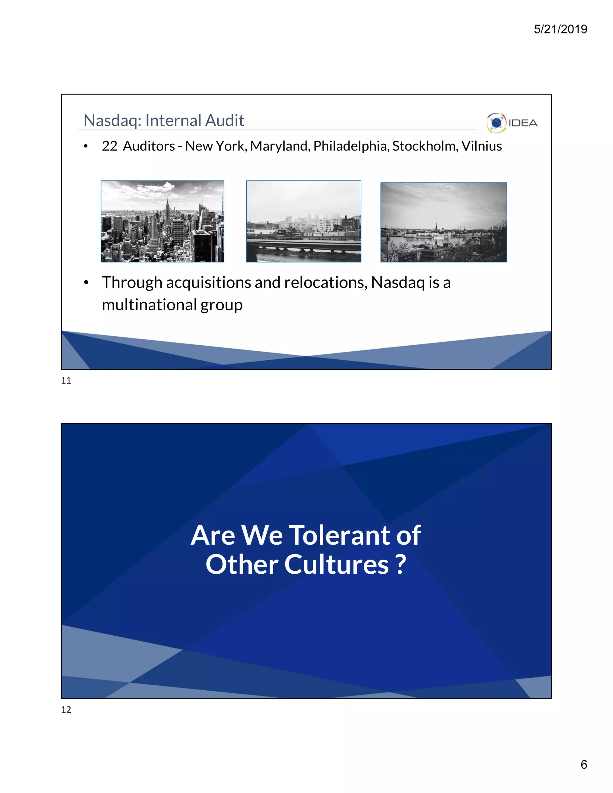 5/21/2019
6
Nasdaq: Internal Audit
• 22 Auditors - New York, Maryland, Philadelphia, Stockholm, Vilnius
• Through acquisitions and relocations, Nasdaq is a
multinational group
Are We Tolerant of
Other Cultures ?
11
12
 