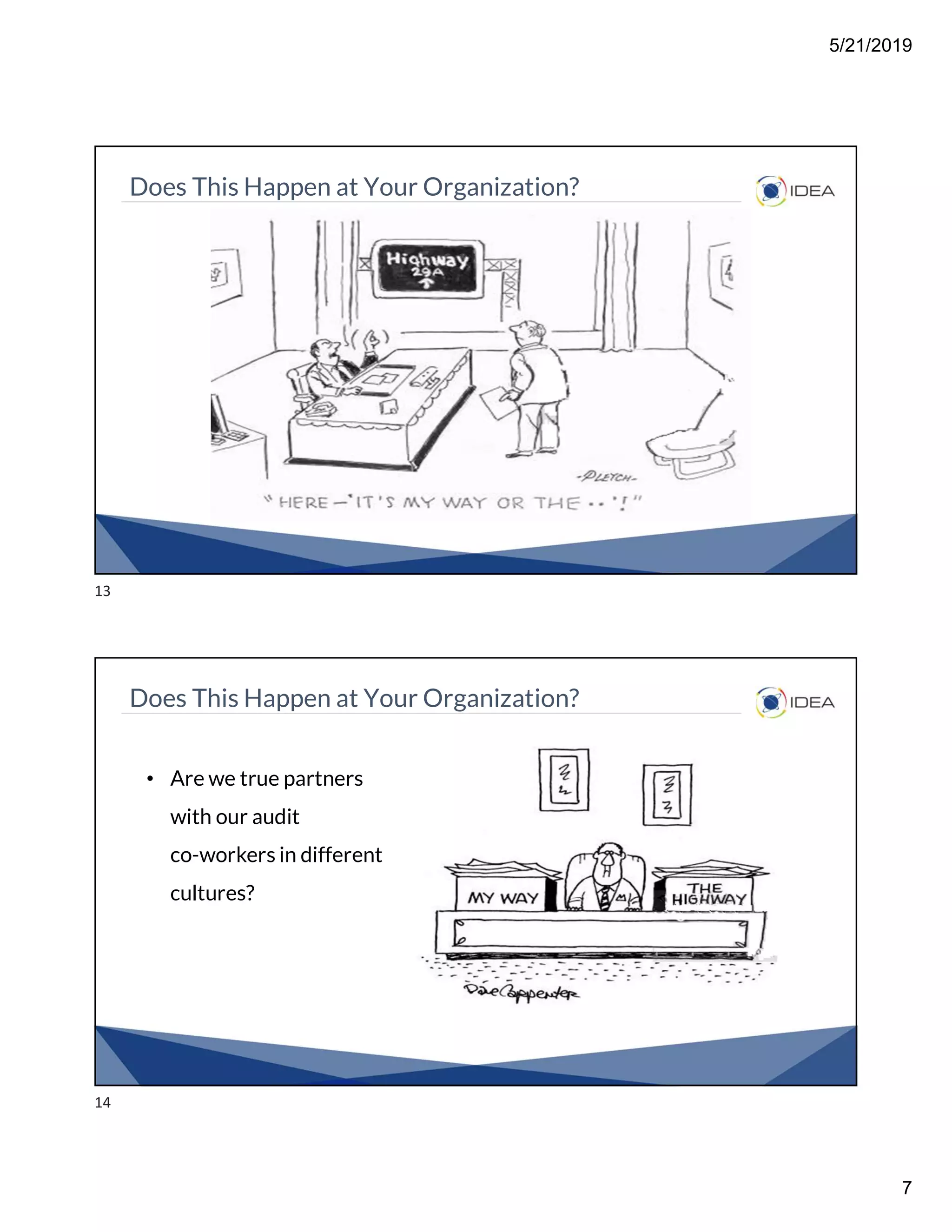 5/21/2019
7
Does This Happen at Your Organization?
Does This Happen at Your Organization?
• Are we true partners
with our audit
co-workers in different
cultures?
13
14
 