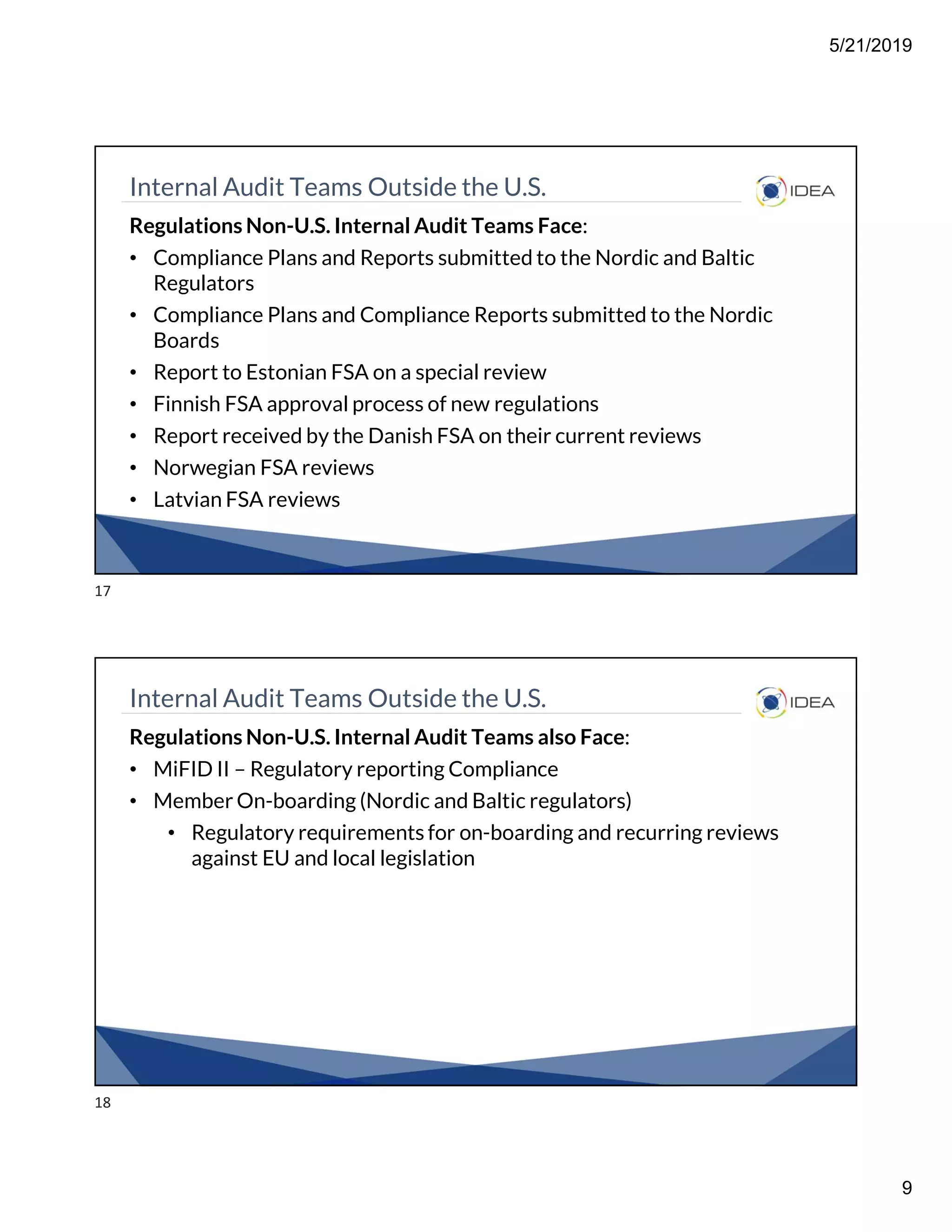 5/21/2019
9
Internal Audit Teams Outside the U.S.
Regulations Non-U.S. Internal Audit Teams Face:
• Compliance Plans and Reports submitted to the Nordic and Baltic
Regulators
• Compliance Plans and Compliance Reports submitted to the Nordic
Boards
• Report to Estonian FSA on a special review
• Finnish FSA approval process of new regulations
• Report received by the Danish FSA on their current reviews
• Norwegian FSA reviews
• Latvian FSA reviews
Internal Audit Teams Outside the U.S.
Regulations Non-U.S. Internal Audit Teams also Face:
• MiFID II – Regulatory reporting Compliance
• Member On-boarding (Nordic and Baltic regulators)
• Regulatory requirements for on-boarding and recurring reviews
against EU and local legislation
17
18
 