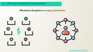 #Myth PMs have to be great at company politics
PMs have to be great at managing stakeholders.
www.productschool.com
 