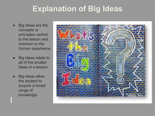 Explanation of Big Ideas
● Big Ideas are the
concepts or
principles central
to the lesson and
common to the
human experien...