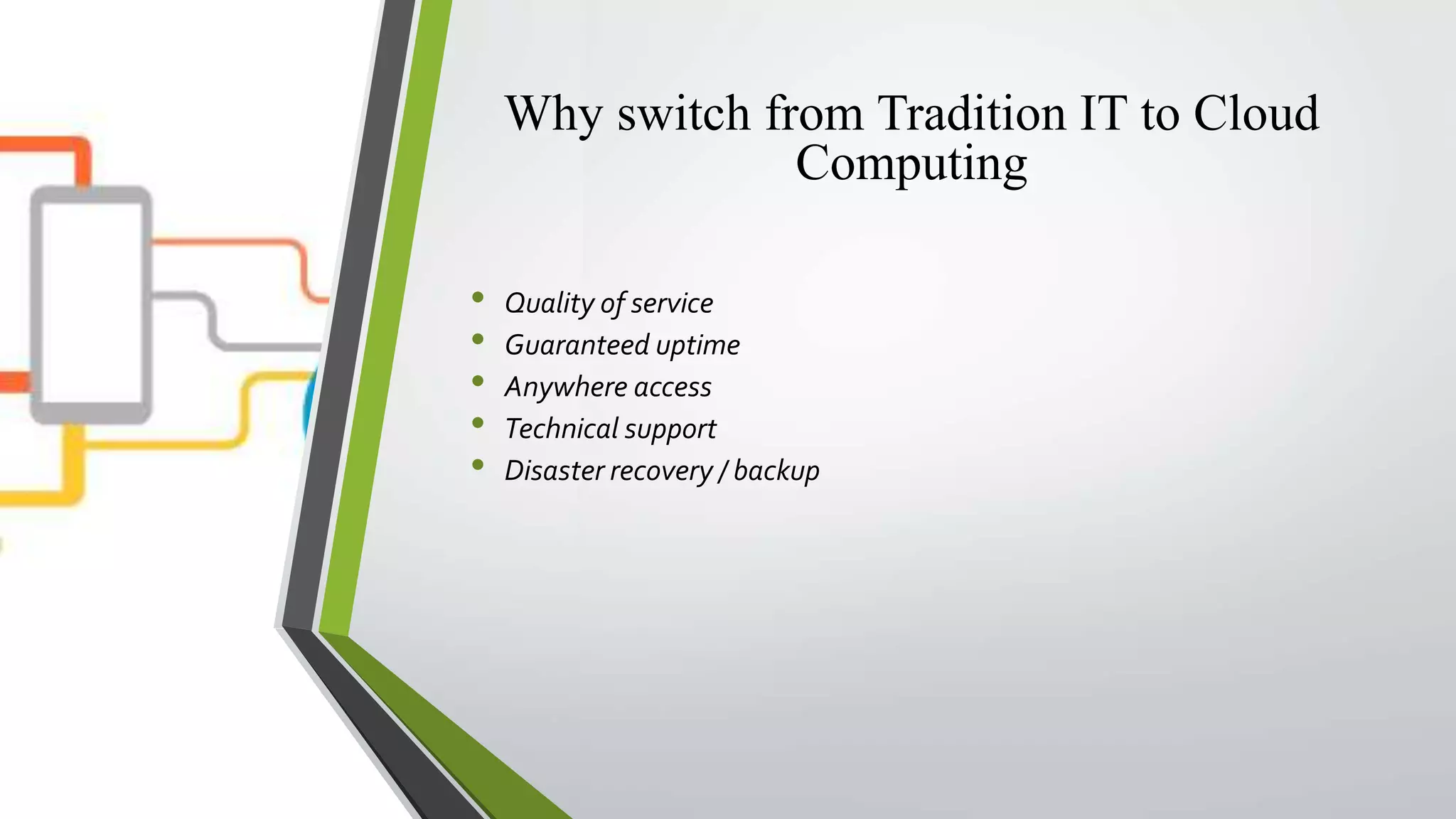 Why switch from Tradition IT to Cloud
Computing
• Quality of service
• Guaranteed uptime
• Anywhere access
• Technical support
• Disaster recovery / backup
 