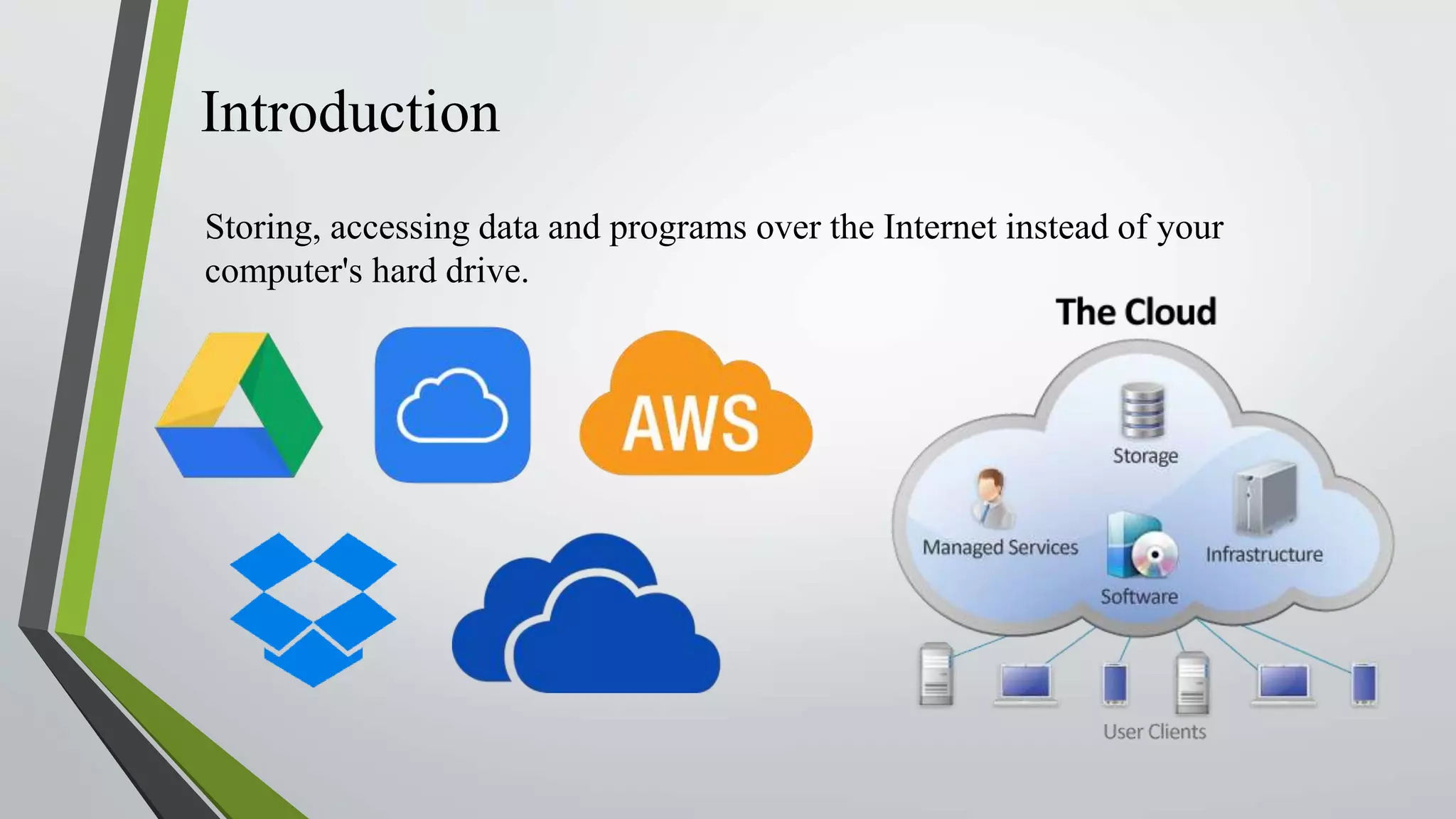 Introduction
Storing, accessing data and programs over the Internet instead of your
computer's hard drive.
 