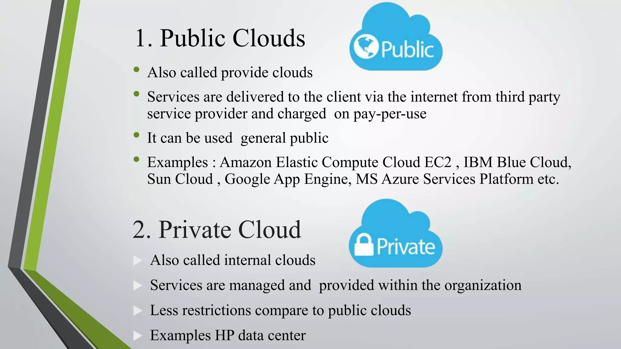 1. Public Clouds
• Also called provide clouds
• Services are delivered to the client via the internet from third party
service provider and charged on pay-per-use
• It can be used general public
• Examples : Amazon Elastic Compute Cloud EC2 , IBM Blue Cloud,
Sun Cloud , Google App Engine, MS Azure Services Platform etc.
2. Private Cloud
 Also called internal clouds
 Services are managed and provided within the organization
 Less restrictions compare to public clouds
 Examples HP data center
 