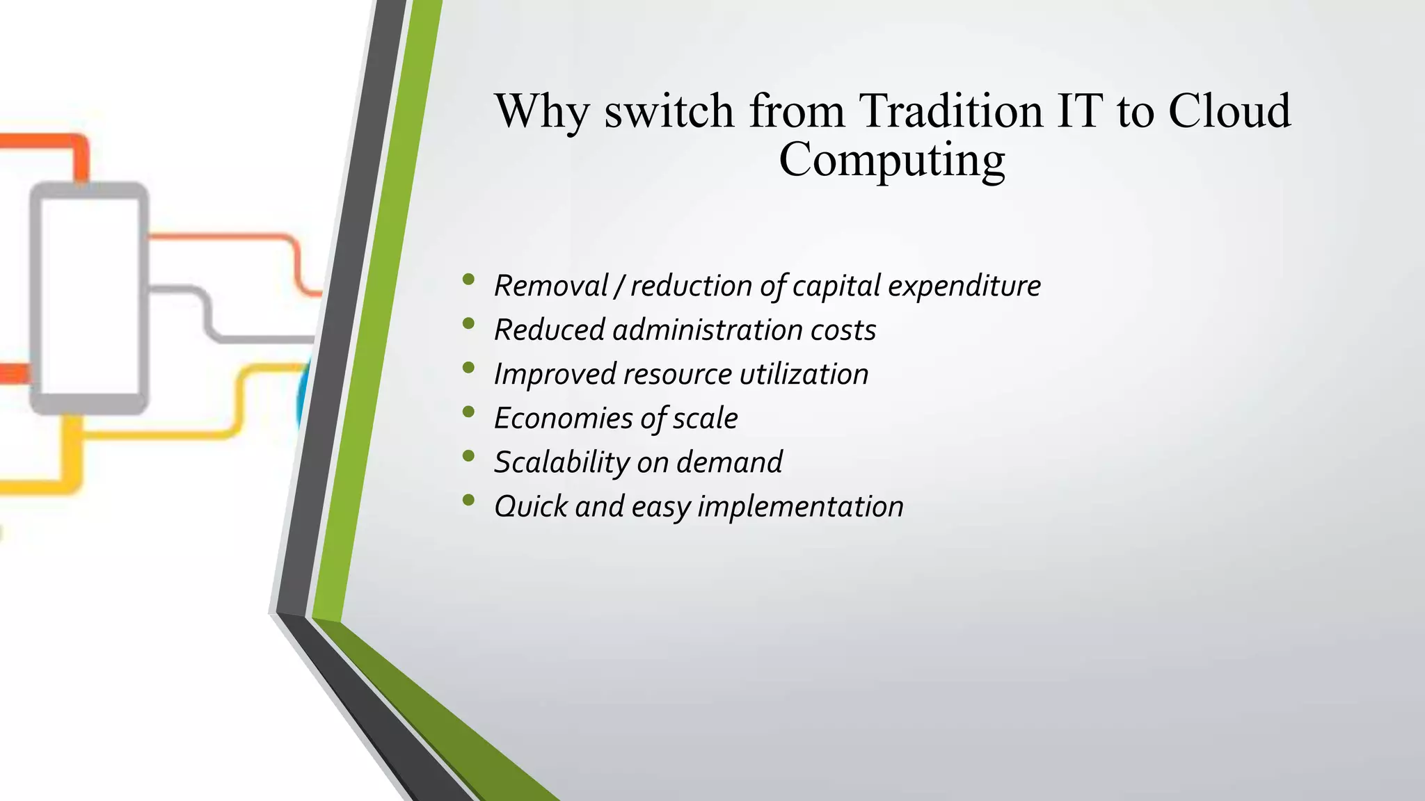 Why switch from Tradition IT to Cloud
Computing
• Removal / reduction of capital expenditure
• Reduced administration costs
• Improved resource utilization
• Economies of scale
• Scalability on demand
• Quick and easy implementation
 