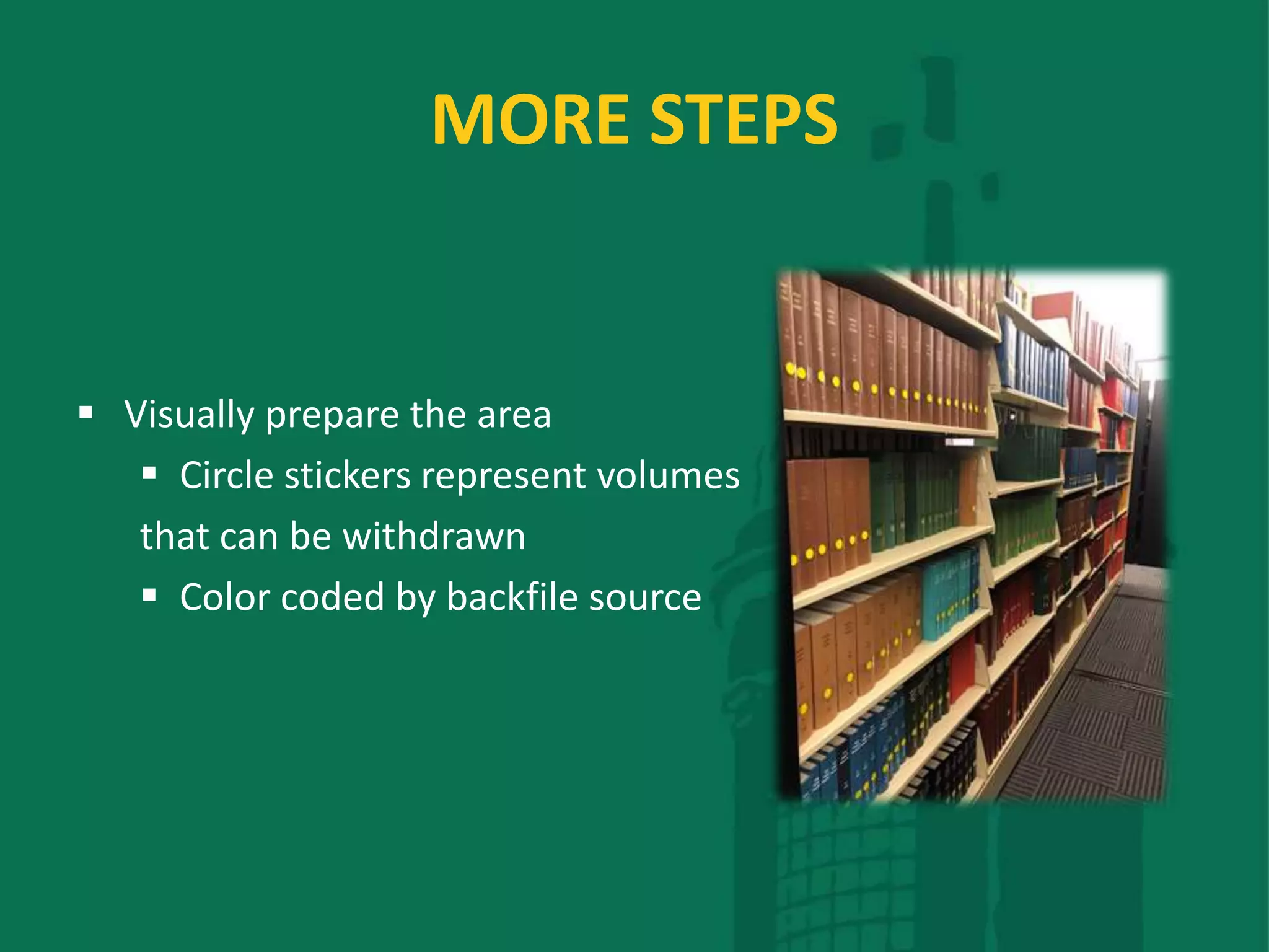 MORE STEPS
 Visually prepare the area
 Circle stickers represent volumes
that can be withdrawn
 Color coded by backfile source
 