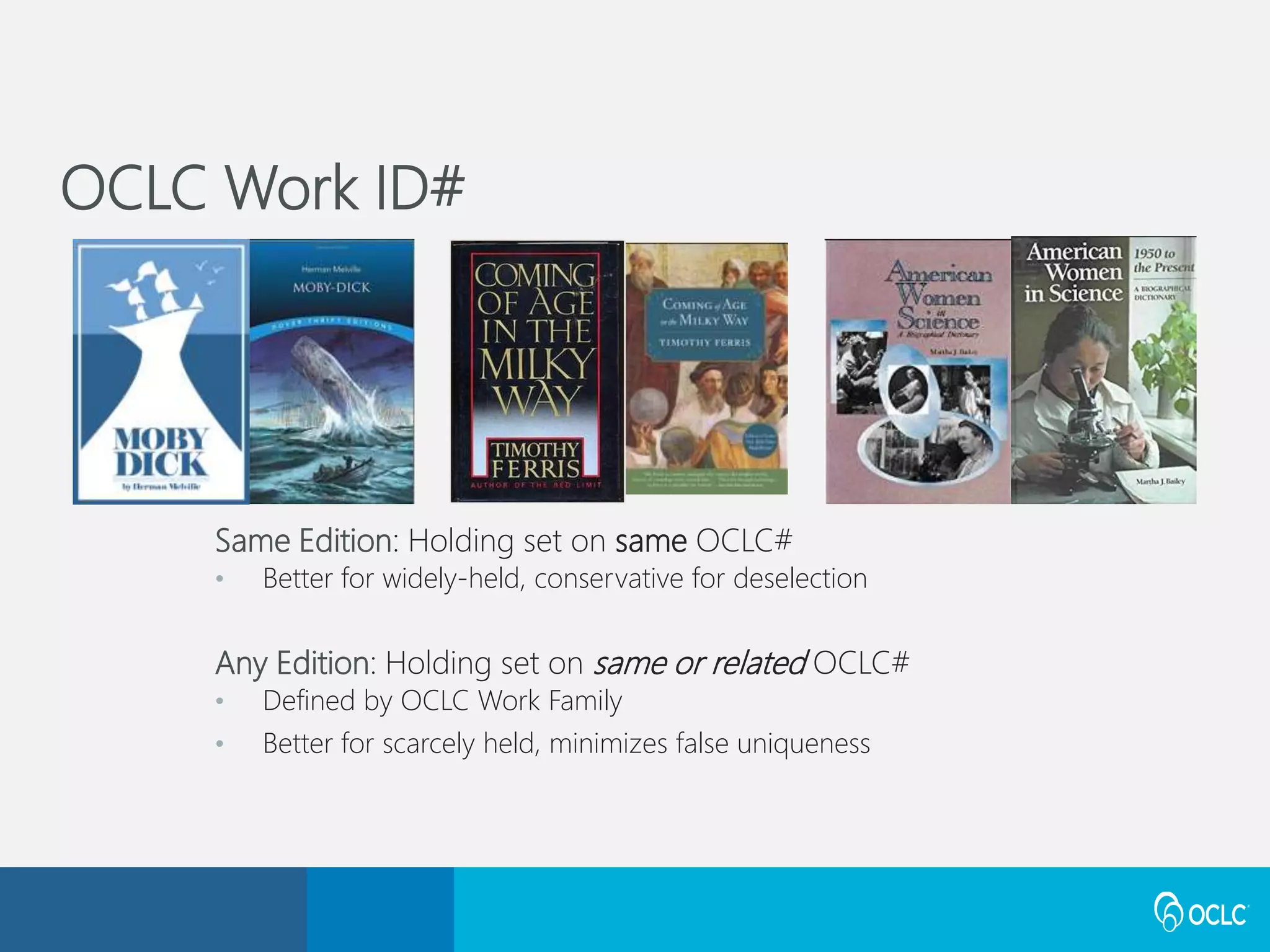 Same Edition: Holding set on same OCLC#
• Better for widely-held, conservative for deselection
Any Edition: Holding set on same or related OCLC#
• Defined by OCLC Work Family
• Better for scarcely held, minimizes false uniqueness
OCLC Work ID#
 