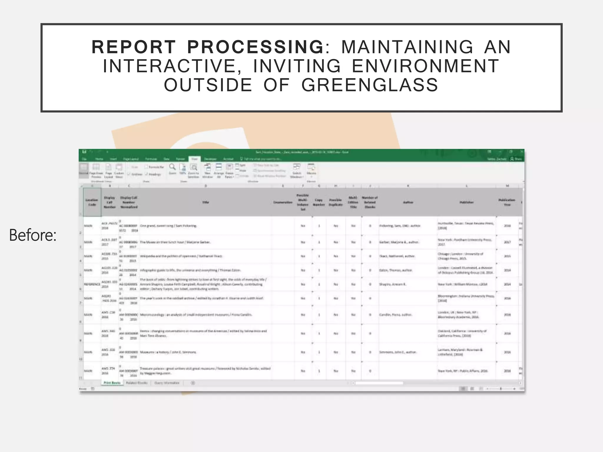 REPORT PROCESSING: MAINTAINING AN
INTERACTIVE, INVITING ENVIRONMENT
OUTSIDE OF GREENGLASS
Before:
 