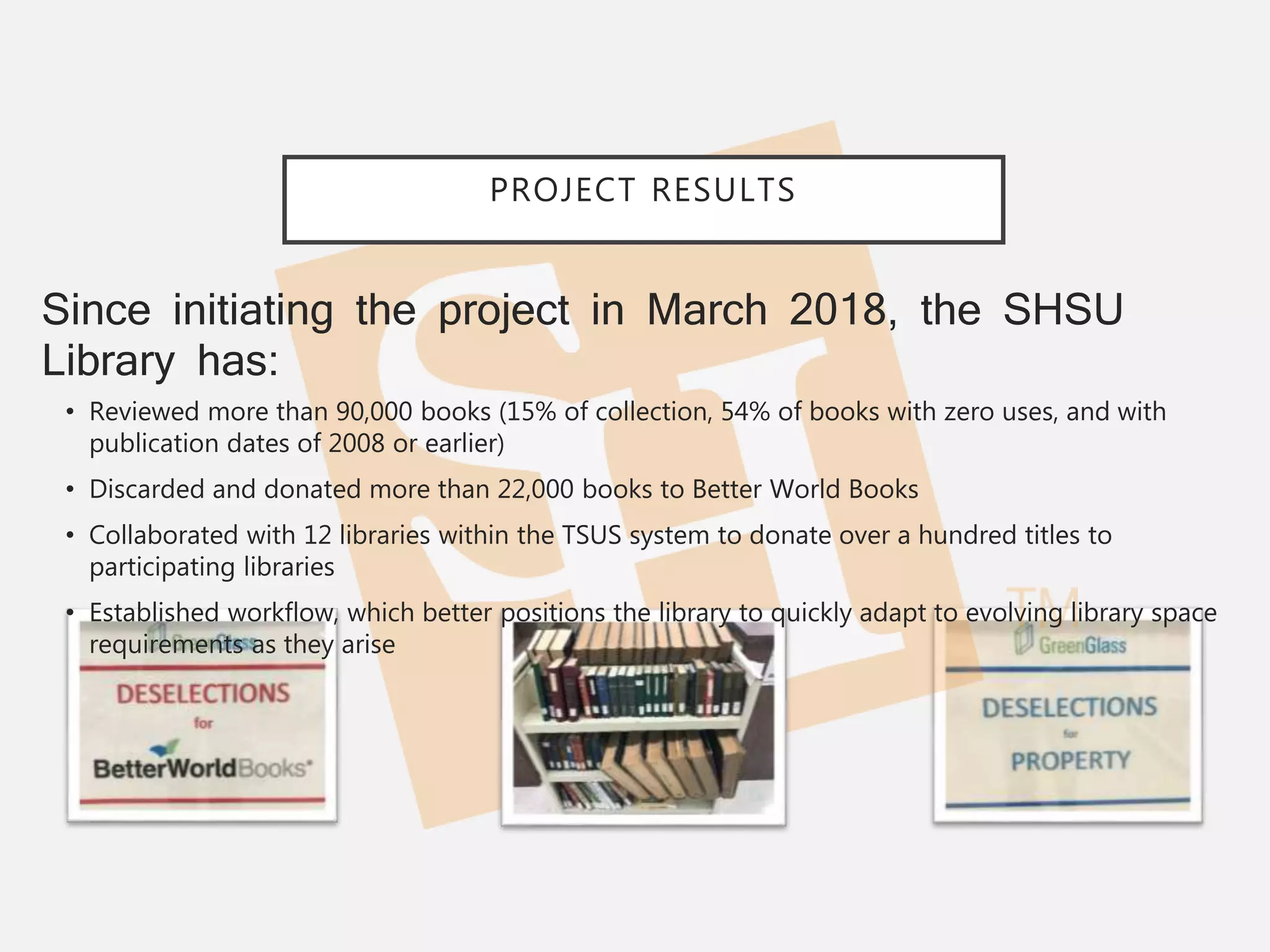 PROJECT RESULTS
Since initiating the project in March 2018, the SHSU
Library has:
• Reviewed more than 90,000 books (15% of collection, 54% of books with zero uses, and with
publication dates of 2008 or earlier)
• Discarded and donated more than 22,000 books to Better World Books
• Collaborated with 12 libraries within the TSUS system to donate over a hundred titles to
participating libraries
• Established workflow, which better positions the library to quickly adapt to evolving library space
requirements as they arise
 