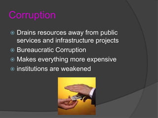 CorruptionDrains resources away from public services and infrastructure projectsBureaucratic CorruptionMakes everything more expensiveinstitutions are weakened