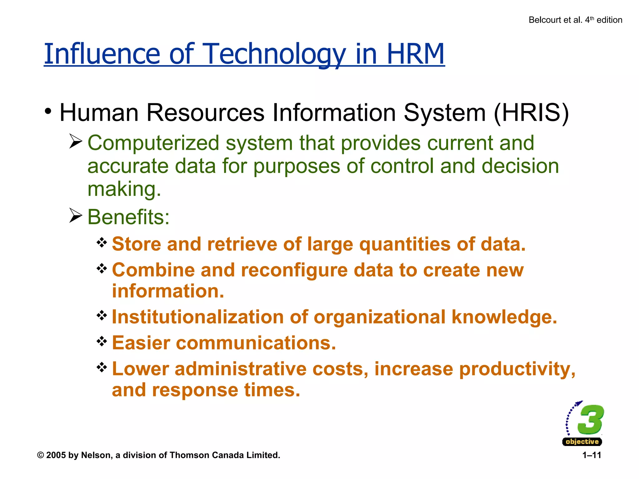 Influence of Technology in HRM Human Resources Information System (HRIS) Computerized system that provides current and accurate data for purposes of control and decision making. Benefits: Store and retrieve of large quantities of data. Combine and reconfigure data to create new information. Institutionalization of organizational knowledge. Easier communications. Lower administrative costs, increase productivity, and response times. 