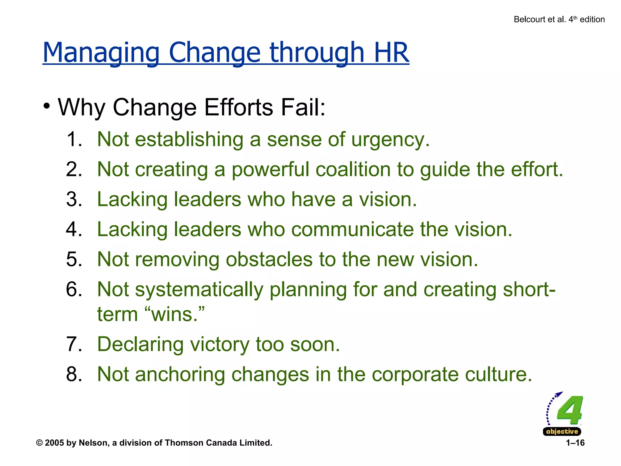 Managing Change through HR Why Change Efforts Fail: Not establishing a sense of urgency. Not creating a powerful coalition to guide the effort. Lacking leaders who have a vision. Lacking leaders who communicate the vision. Not removing obstacles to the new vision. Not systematically planning for and creating short-term “wins.” Declaring victory too soon. Not anchoring changes in the corporate culture. 