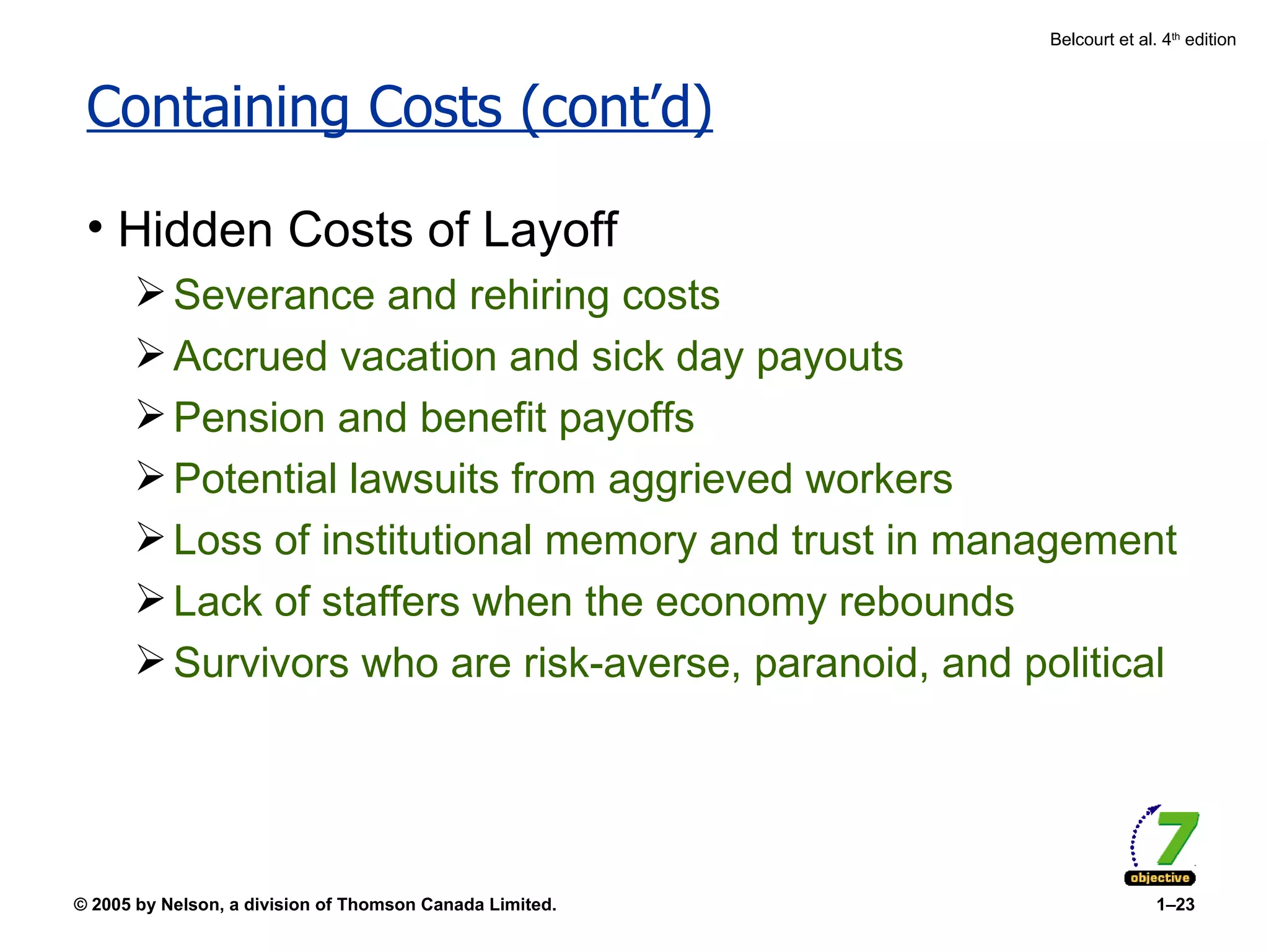 Containing Costs (cont’d) Hidden Costs of Layoff Severance and rehiring costs Accrued vacation and sick day payouts Pension and benefit payoffs Potential lawsuits from aggrieved workers Loss of institutional memory and trust in management Lack of staffers when the economy rebounds Survivors who are risk-averse, paranoid, and political 
