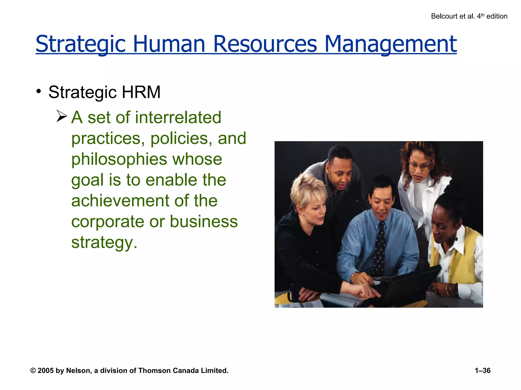 Strategic Human Resources Management Strategic HRM A set of interrelated practices, policies, and philosophies whose goal is to enable the achievement of the corporate or business strategy. 