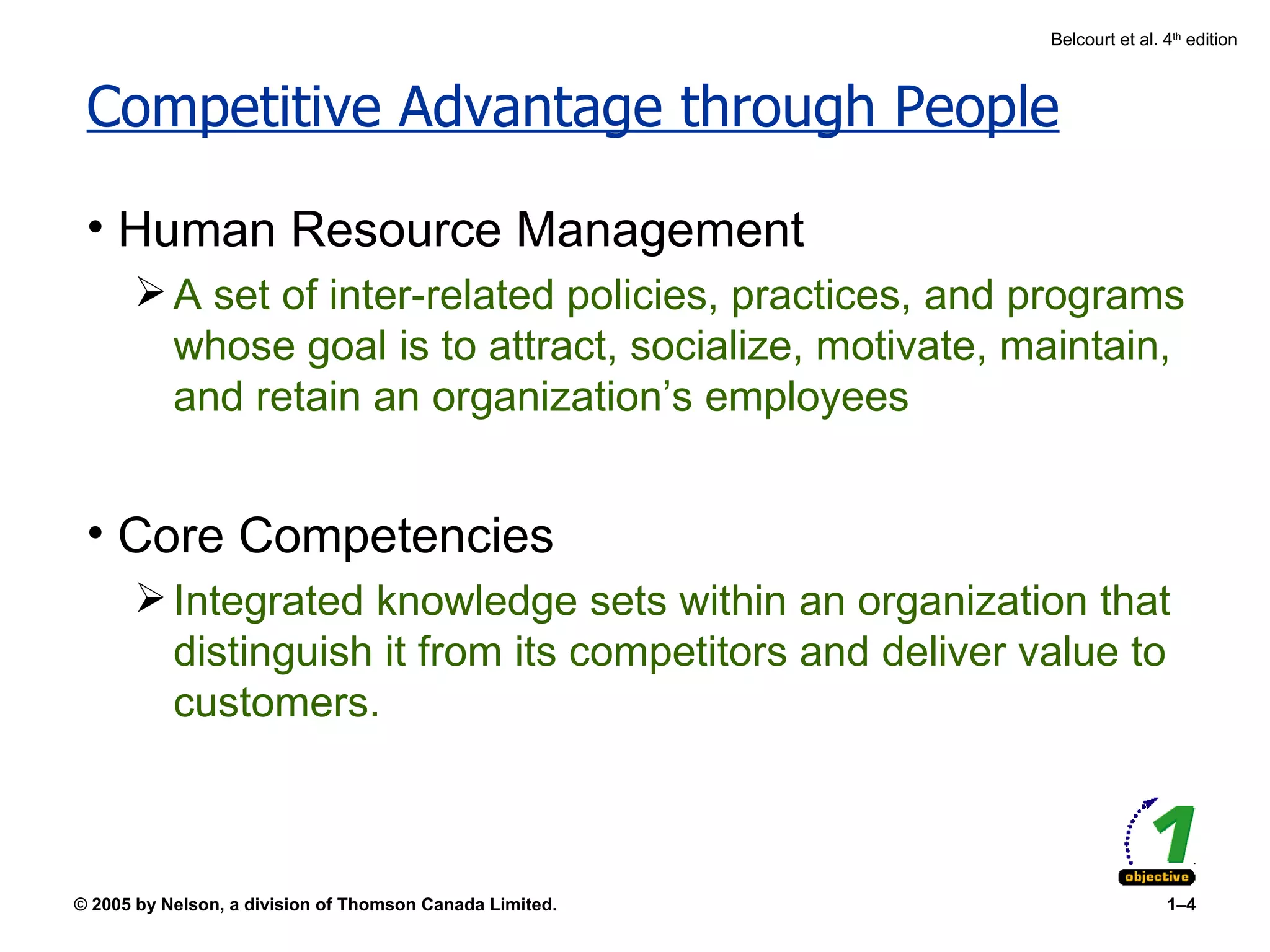 Competitive Advantage through People Human Resource Management A set of inter-related policies, practices, and programs whose goal is to attract, socialize, motivate, maintain, and retain an organization’s employees Core Competencies Integrated knowledge sets within an organization that distinguish it from its competitors and deliver value to customers. 