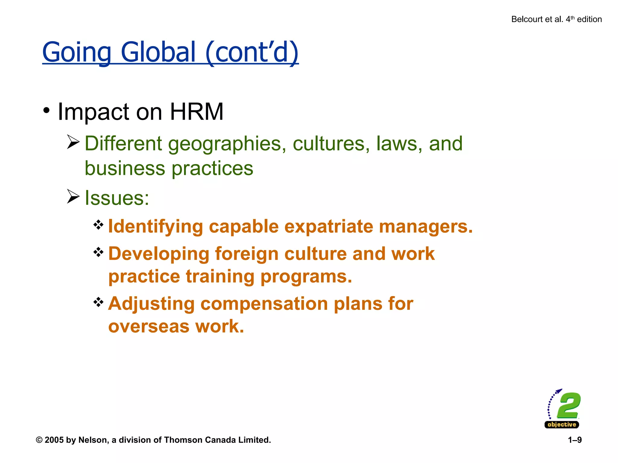 Going Global (cont’d) Impact on HRM Different geographies, cultures, laws, and business practices Issues: Identifying capable expatriate managers. Developing foreign culture and work practice training programs. Adjusting compensation plans for overseas work. 