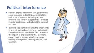 Political interference
 Bankers expressed concern that governments
could intervene in banking operations for a
multitude of reasons, including to raise
revenues in a time of budget stress, increase
investor protection, and rebuild the national
tax base.
 Bankers also highlighted that the uncertainty
in several political environments including in
Europe and across the Middle East, as well as
the impact of the upcoming U.S. elections,
could result in greater interference over
banking management, lending policies, and
taxation.
 