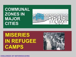 COMMUNAL
ZONES IN
MAJOR
CITIES
MISERIES
IN REFUGEE
CAMPS
CHALLENGES OF NATION BUILDING
 