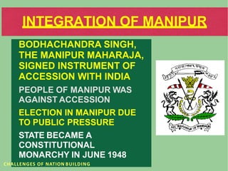 INTEGRATION OF MANIPUR
BODHACHANDRA SINGH,
THE MANIPUR MAHARAJA,
SIGNED INSTRUMENT OF
ACCESSION WITH INDIA
PEOPLE OF MANIPUR WAS
AGAINST ACCESSION
ELECTION IN MANIPUR DUE
TO PUBLIC PRESSURE
STATE BECAME A
CONSTITUTIONAL
MONARCHY IN JUNE 1948
CHALLENGES OF NATION BUILDING
 