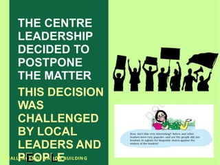 THE CENTRE
LEADERSHIP
DECIDED TO
POSTPONE
THE MATTER
THIS DECISION
WAS
CHALLENGED
BY LOCAL
LEADERS AND
CHALLP
ENE
G
E
ES
O
OFP
NAL
T
L
IO
E
N BUILDIN G
 