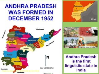 ANDHRA PRADESH
WAS FORMED IN
DECEMBER 1952
Andhra Pradesh
is the first
linguistic state in
India
2014
CHALLENGES OF NATION BUILDING
 