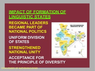 .
IMPACT OF FORMATION OF
LINGUISTIC STATES
REGIONAL LEADERS
BECAME PART OF
NATIONAL POLITICS
UNIFORM DIVISION
OF STATES
STRENGTHENED
NATIONAL UNITY
ACCEPTANCE FOR
THE PRINCIPLE OF DIVERSITY
CHALLENGES OF NATION BUILDING
 