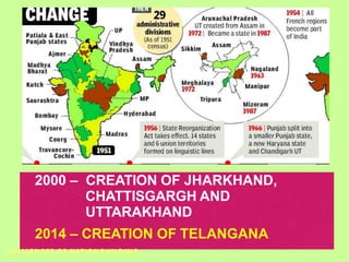 2000 – CREATION OF JHARKHAND,
CHATTISGARGH AND
UTTARAKHAND
2014 – CREATION OF TELANGANA
CHALLENGES OF NATION BUILDING
 
