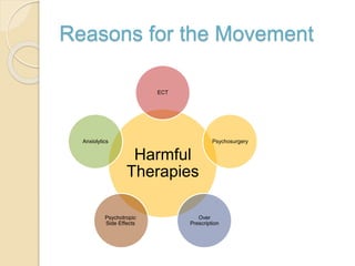 Reasons for the Movement
Harmful
Therapies
ECT
Anxiolytics
Psychotropic
Side Effects
Over
Prescription
Psychosurgery
 